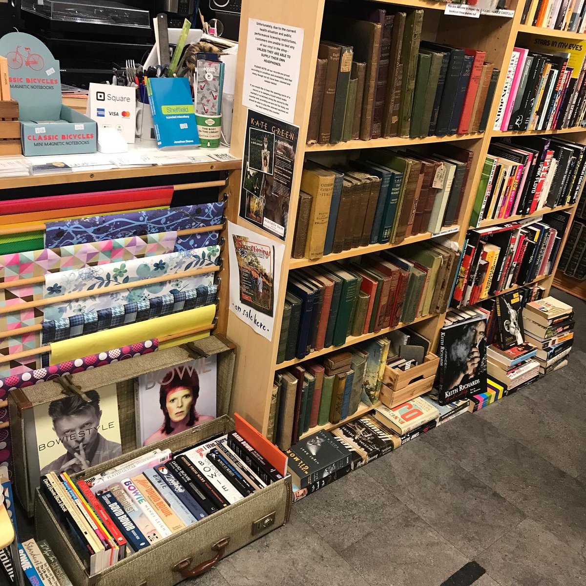 KIbooksandmusic's tweet photo. Now, just where to put all those #davidbowie books in a shop with full shelves? Necessity is the mother of invention #ziggystardust #aladinsane #thinwhiteduke #booksandmusic #kelhamisland #indiesheffield https://t.co/ZbM0B6xOmM