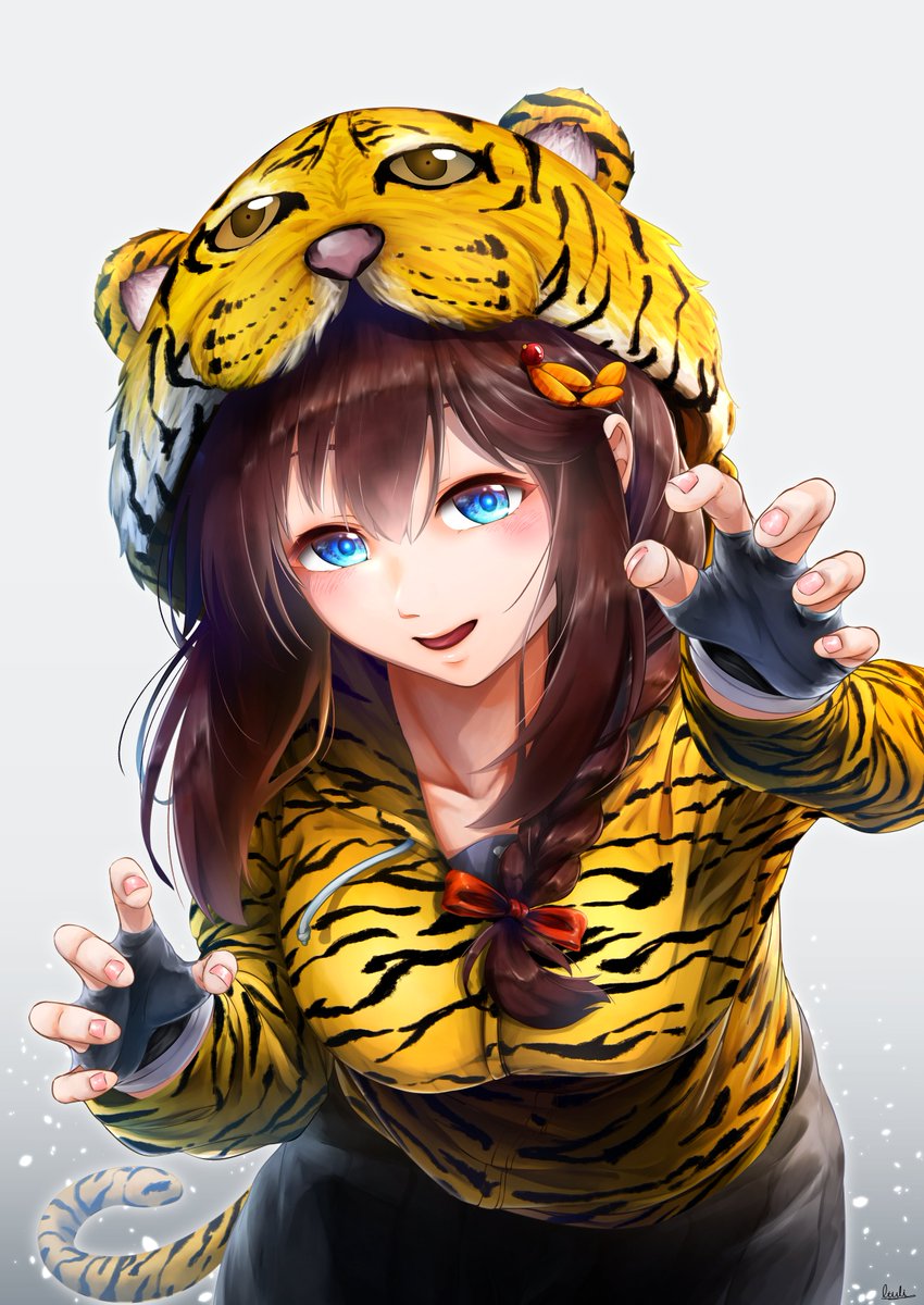 shigure (kancolle) ,shigure kai ni (kancolle) 1girl solo blue eyes tiger print hood braid gloves  illustration images