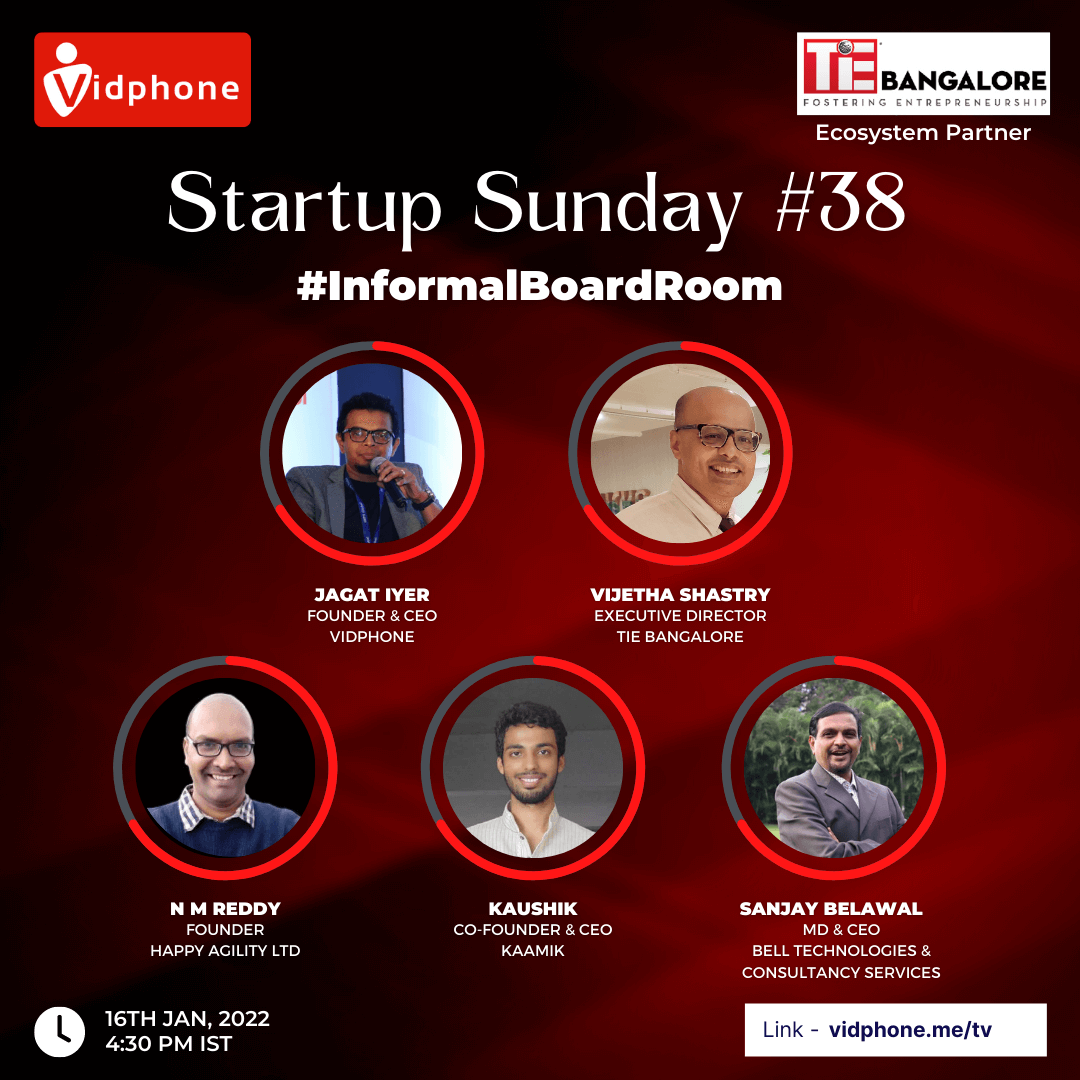 vidphone's tweet photo. 🥂✨Startup Sunday #38✨🥂

Join Kaushik (Kaamik), N M Reddy (Happy Agility Ltd), Sanjay Belawal (Bell Technologies &amp; Consultancy Services) and Jagat Iyer (@vidphone), hosted by @vijethashastry  (@TiEBangalore).

When - 4:30 PM, 16th Jan
Where - https://t.co/g5hi6ZEtUF https://t.co/kOe21cB9dc