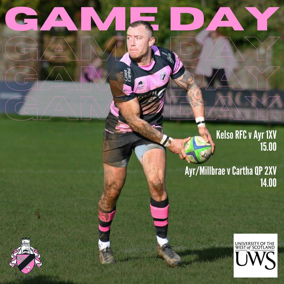 OfficialAyrRFC's tweet photo. GAME DAY🙌| We have two senior sides in action this afternoon!

It's a trip to the borders for the 1XV, whilst Ayr/ Millbrae welcome Cartha to Alloway!

Coverage this weekend will be brought to you by @uniwestscotland!

#gameday | #pinkandblack https://t.co/ILld6oqB91