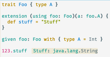 tomas_mikula's tweet image. Discovered an undocumented feature of #Scala3 extension methods:

The type of the enriched value can depend on a previous context parameter.

Very useful, but hesitating to rely on it since it&apos;s undocumented.