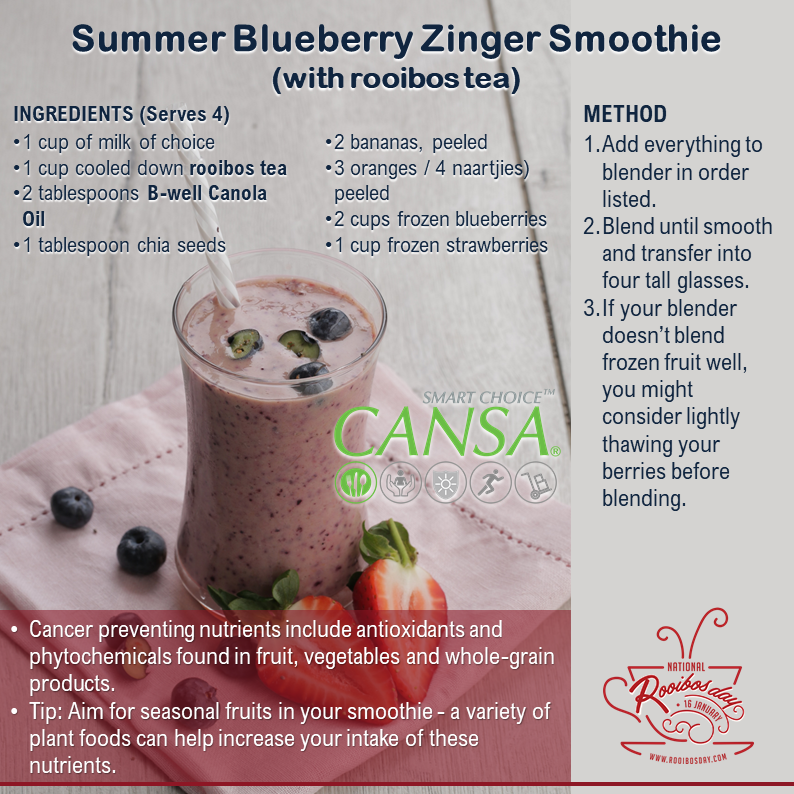 CANSA's tweet photo. Today is #RooibosDay! Rooibos forms part of a balanced lifestyle - nutrients to #LowerCancerRisk incl antioxidants, phytochemicals found in fruit, vegetables & whole-grain products.
Enjoy our yummy Smoothie and Sunset Refresher!
#CANSASmartChoice #RooibosMoment https://t.co/jlVChU7hsN