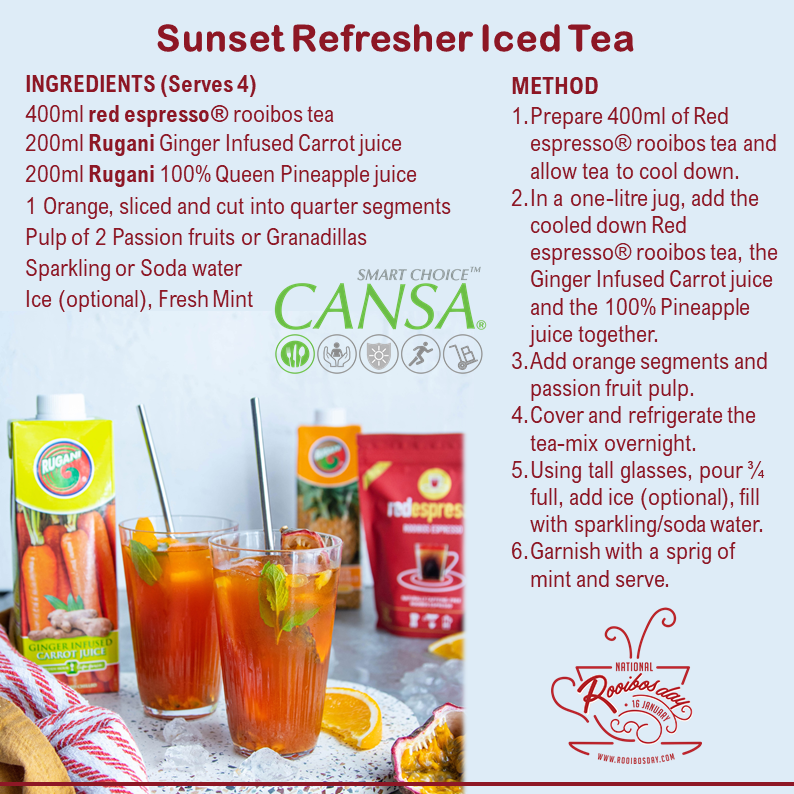 CANSA's tweet photo. Today is #RooibosDay! Rooibos forms part of a balanced lifestyle - nutrients to #LowerCancerRisk incl antioxidants, phytochemicals found in fruit, vegetables & whole-grain products.
Enjoy our yummy Smoothie and Sunset Refresher!
#CANSASmartChoice #RooibosMoment https://t.co/jlVChU7hsN
