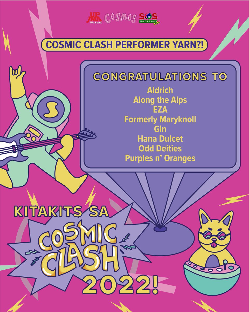 Charaaan! 🥳 Dami kasi nag-audition, sorry na-delay! 😮‍💨 Sa wakas, heto na ang 8 finalists ng Cosmic Clash 2022. Congratulations, mga lodi!

Catch their stellar performances this Feb 5, earthlings! See ya! 🖖

#CosmicClash2022 #GetCosmic #MissionCosmos #MapagpalayangEdukasyon