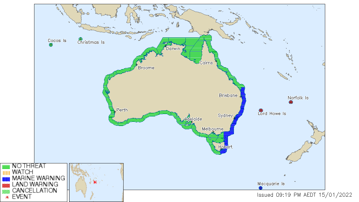 Marine Threat to #NSW, #QLD, #TAS, #VIC, #MacquarieIsland. Land threat to #LordHoweIsland, #NorfolkIsland. #Tsunami Warning after volcanic eruption near TONGA ISLANDS. Latest info here: bom.gov.au/tsunami.