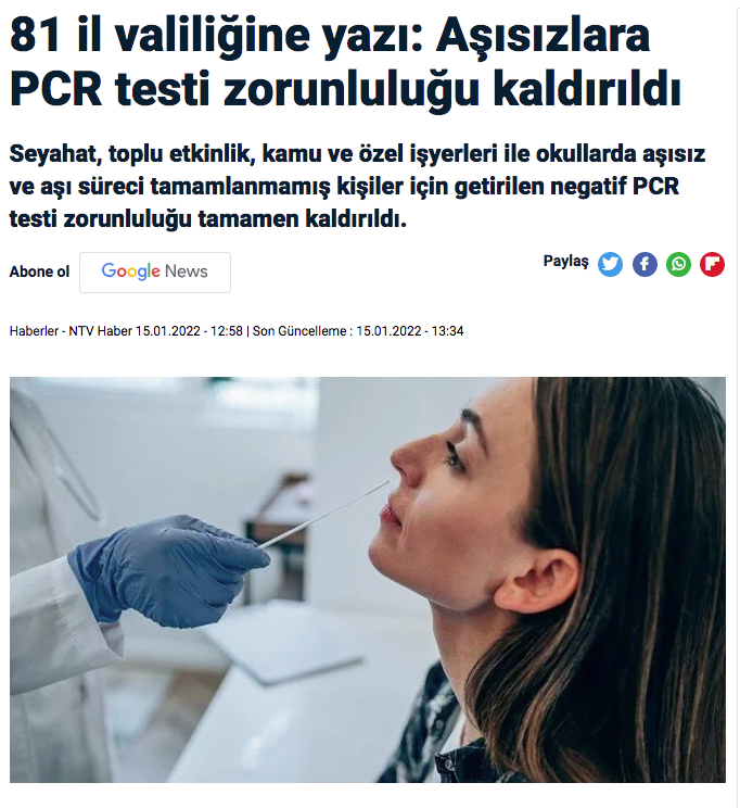 SON DAKİKA !!!
81 il valiliğine yazı: Aşısızlara PCR testi zorunluluğu kaldırıldı !