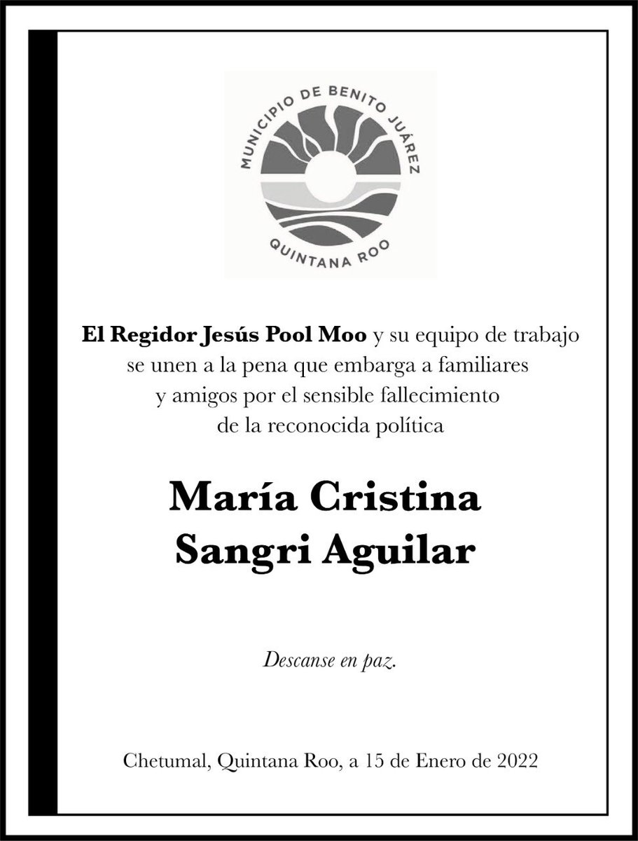⚫️ Nos unimos a la pena que embarga a familiares y amigos el sensible fallecimiento de la reconocida política María Cristina Sangri Aguilar.
#DescanseEnPaz