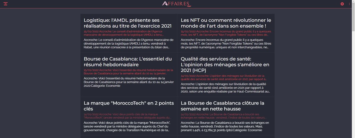 AffairesMa's tweet photo. Logistique: l'AMDL présente ses réalisations au titre de l'exercice 2021

Les NFT ou comment révolutionner le monde de l'art dans son ensemble !

Bourse de Casablanca: L'essentiel du résumé hebdomadaire https://t.co/ecgAJ3uiVz