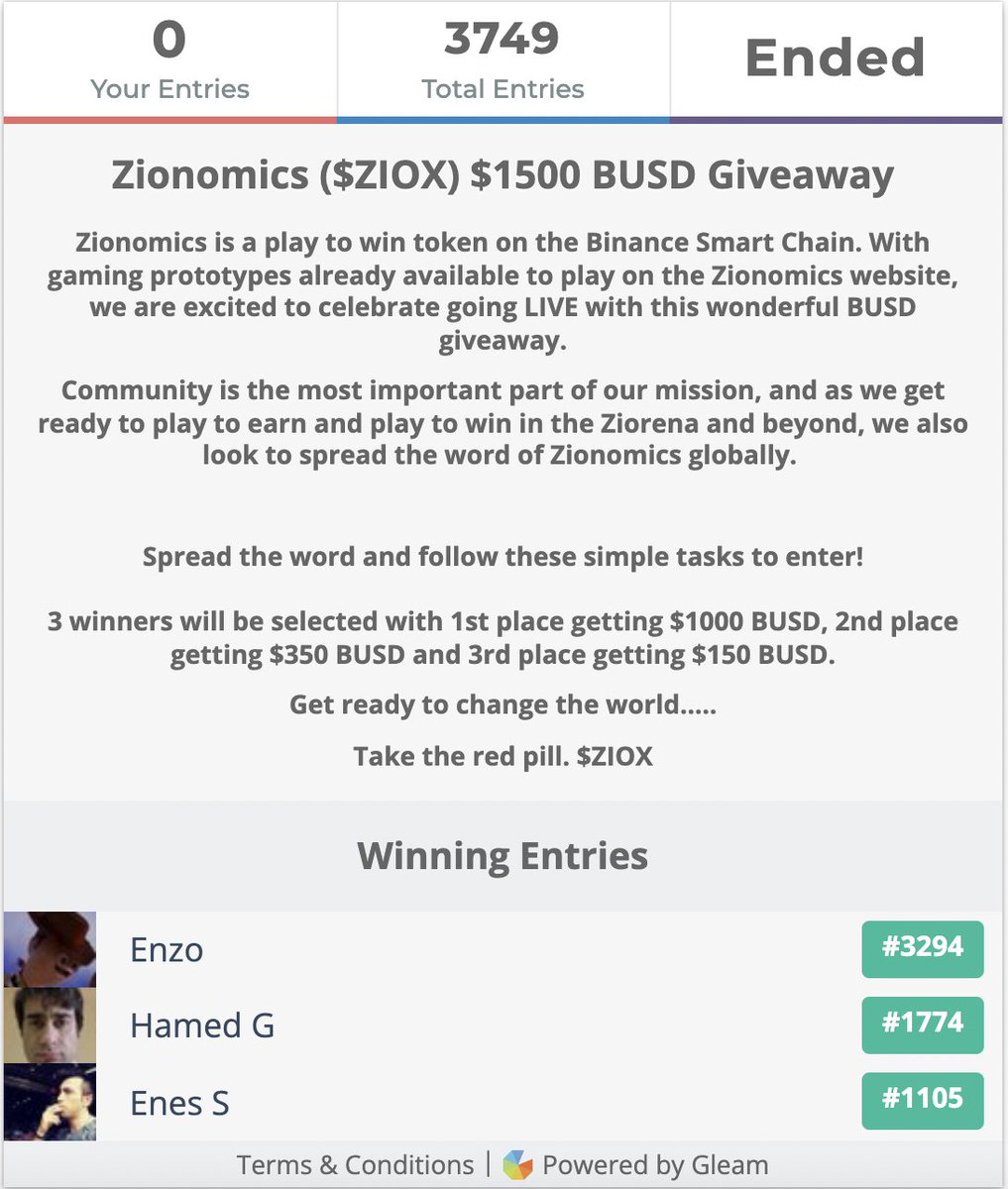 zionomics's tweet photo. Congratulations to our 3 $ZIOX x Gleam winners!

You have been reached by e-mail with instructions to claim your reward! 

Let's make today great! https://t.co/K6tjgONJUe
