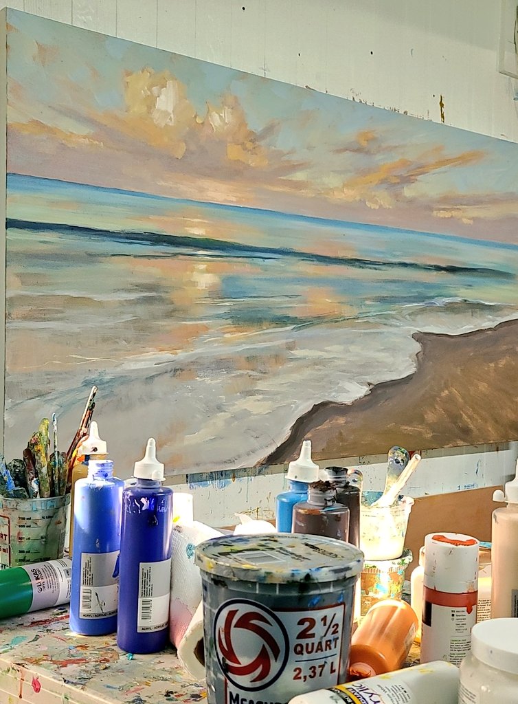 GM! Ready to paint the next layer on this sunset ☀️ love mornings in the studio.