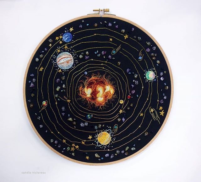 womensart1's tweet image. Hand Embroidered Solar System by textile artist Ophelie Trichereau #WomensArt