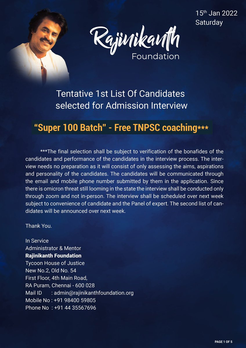 Rajinikanth Foundation Official (@rajinikanthfo) on Twitter photo #TNPSC aspirants with the blessings of Rajinikanth Sir. We are happy to announce тАШTentative 1st List of Candidates selected for Admission Interview тАШ of тАЬSuper 100 BatchтАЭ - Free TNPSC Coaching. Please find below. <a href="/rajinikanth/">Rajinikanth</a> <a href="/sathyakumar_in/">Dr. M. Sathya Kumar</a> <a href="/SudhakarVM/">Sudhakar</a> <a href="/officialairrm/">роЕроХро┐ро▓ роЗроирпНродро┐роп ро░роЬро┐ройро┐роХро╛роирпНродрпН ро░роЪро┐роХро░рпН роиро▒рпНрокрогро┐ рооройрпНро▒роорпН</a> #TNPSC aspirants with the blessings of Rajinikanth Sir. We are happy to announce тАШTentative 1st List of Candidates selected for Admission Interview тАШ of тАЬSuper 100 BatchтАЭ - Free TNPSC Coaching. Please find below. <a href="/rajinikanth/">Rajinikanth</a> <a href="/sathyakumar_in/">Dr. M. Sathya Kumar</a> <a href="/SudhakarVM/">Sudhakar</a> <a href="/officialairrm/">роЕроХро┐ро▓ роЗроирпНродро┐роп ро░роЬро┐ройро┐роХро╛роирпНродрпН ро░роЪро┐роХро░рпН роиро▒рпНрокрогро┐ рооройрпНро▒роорпН</a>