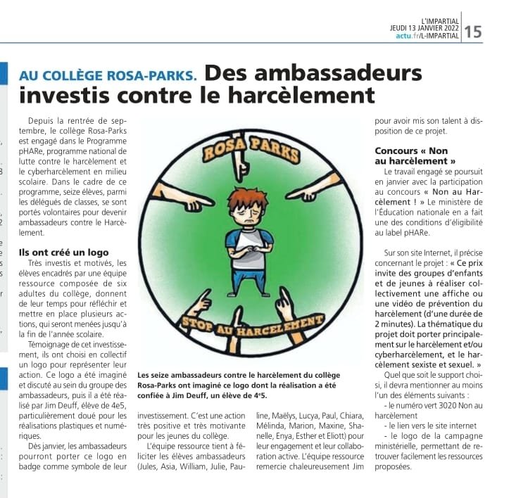 Nous vous présentons le logo créé par nos 16 ambassadeurs contre le harcèlement pour le collège Rosa Parks ! Bravo à cette équipe dynamique et à la C.P.E!
#harcèlement <a href="/TonyDerebergue/">Tony Derebergue</a> <a href="/Merlin_Mikl/">MERLIN Michaël</a> <a href="/Limpartial27/">L'impartial</a>