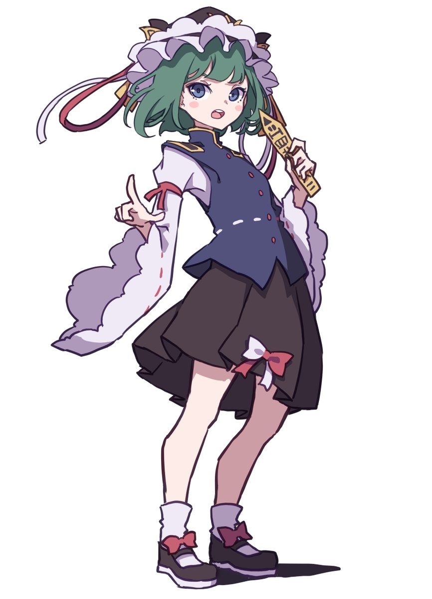 shiki eiki 1girl skirt solo rod of remorse hat green hair white background  illustration images