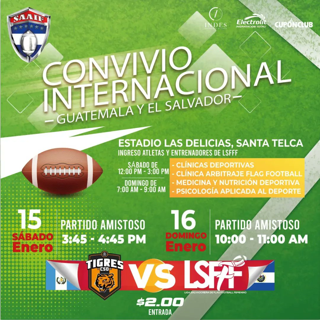 ¡ES HOY, ES HOY! 
Los esperamos en el Estadio Las Delicias para poder disfrutar de los encuentros y apoyar a nuestras atletas.

🏈3:45 P.M. - Encuentro entre clubes
🏈5:00 P.M. - Encuentro entre selección de El Salvador, Liberty Hawks vs Selección de Guatemala 
#SAAIF