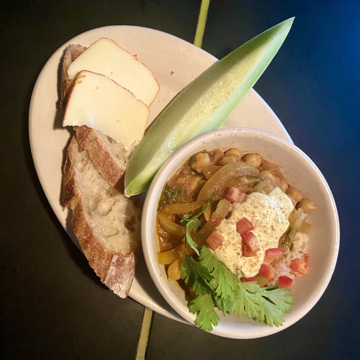 FastandFrench's tweet photo. Chana Masala over Rice with Curried Yogurt, Mimolette, Baguette, 🍉 &amp; a Glass of 🇫🇷 🍷 – $13 https://t.co/o7pFsT8iPo https://t.co/bZ9iTHHNwG