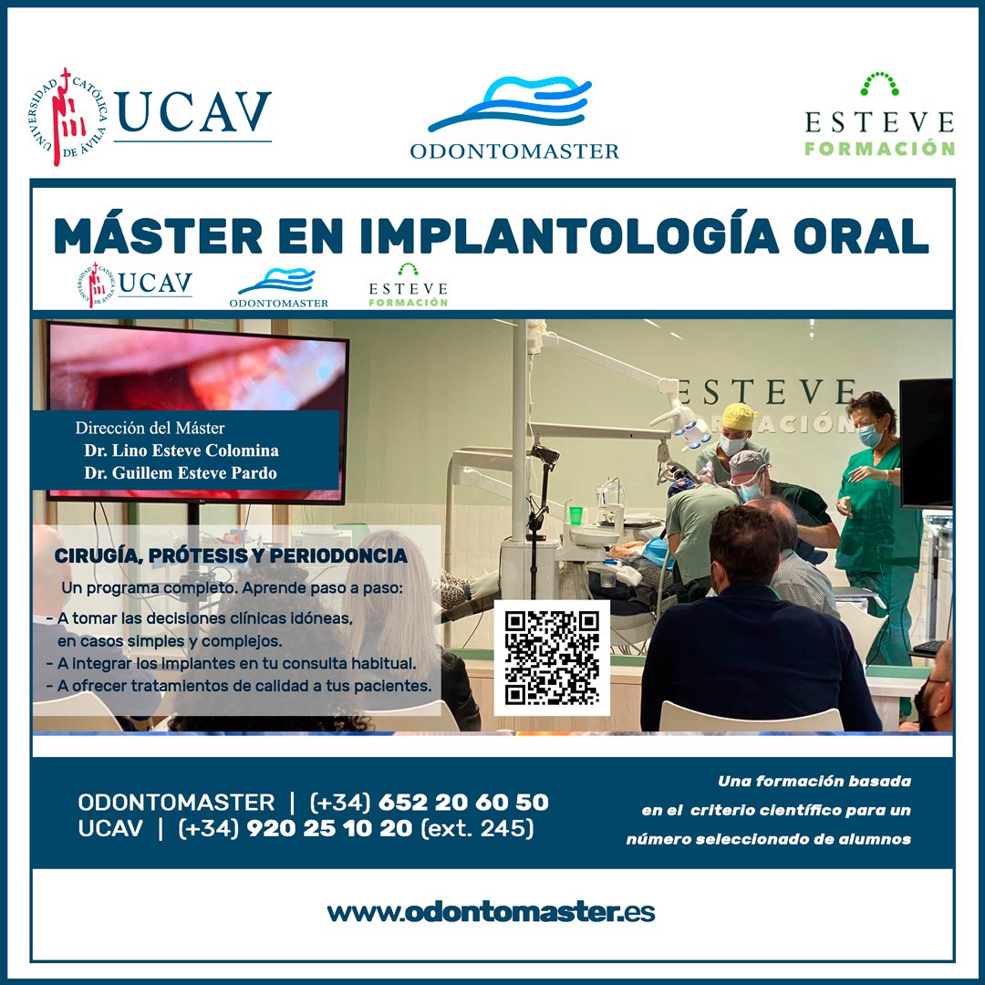 dr_emiliomunoz's tweet photo. Máster de Implantología
Alicante, ABRIL 2022
Organizan ODONTOMASTER y UCAV

60 créditos ECTS
Prácticas clínicas en Portugal, Brasil o Cuba

Dirección Máster:
Dr. Lino Esteve Colomina
Dr. Guillem Esteve Pardo

https://t.co/dKmpg4Hygb
@odontomaster_es @ucavila_ @esteveformacion https://t.co/RkNTP0vwNl