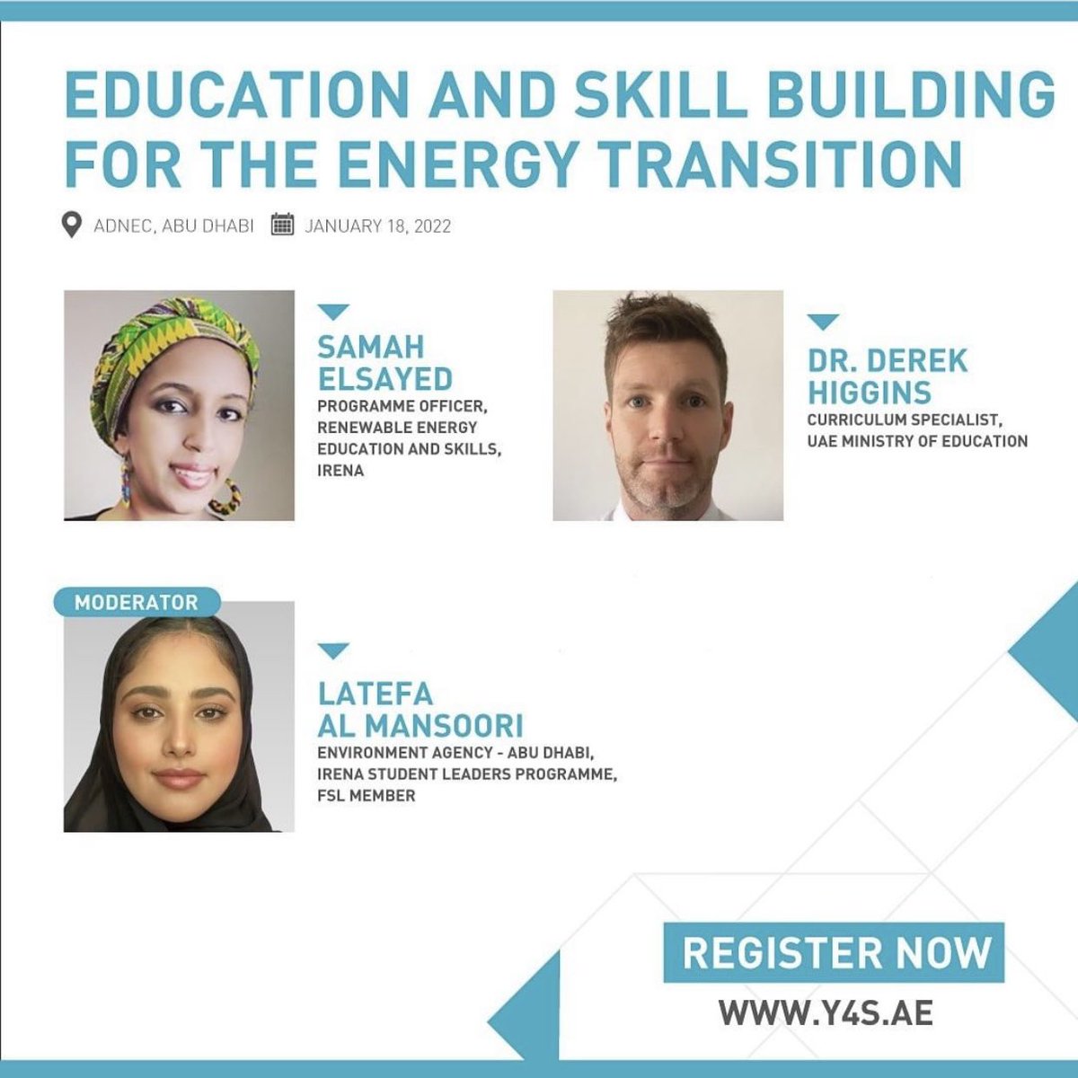 Excited to be participating at the #Y4SForum during #ADSW discussing the importance of education and skill building for the energy transition. 

Register to join virtually: masdar.secure.force.com/Y4SRegistration

#Youth4Sustainability  #ForASustainableFuture
@Masdar @IRENA @ADSWagenda