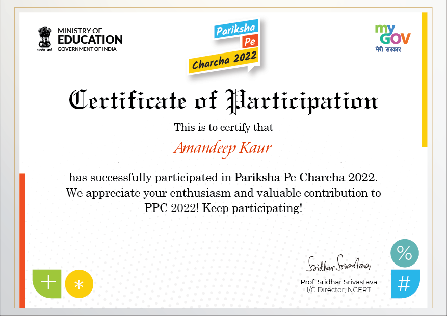 #Parikshapecharcha! I got my certificate after 
Successfully participating in #ppc2022 <a href="/mygovindia/">MyGovIndia</a> #Examwarriors <a href="/EduMinOfIndia/">Ministry of Education</a>
<a href="/cbseindia29/">CBSE HQ</a> <a href="/STSWSRAJGOMAL/">S.T.S. World School (Official)</a> <a href="/Prabhjo60556013/">Prabhjot Gill</a> @KhullarY <a href="/cbseindia29/">CBSE HQ</a>
