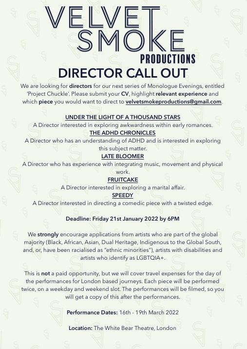 DIRECTOR CALLOUT - We are looking for Directors for our next monologue evening 'Project Chuckle'. If you love directing comedy - this is for you! RT/SHARE with anyone relevant #theatre #callout #directing #comedy
