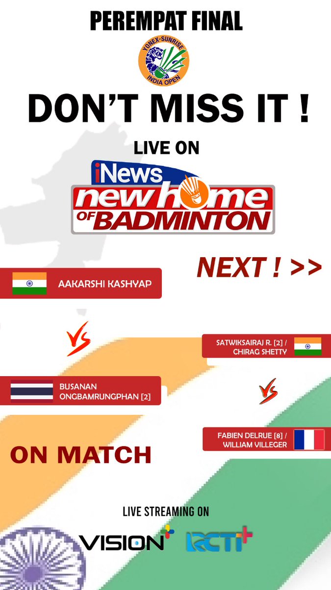 SeputariNews's tweet photo. Jangan Lewatkan !
India Open - Perempat Final
14.20 WIB

#inews #inewstv #sports #indiaopen #badminton #channel #inewsnewhomeofbadminton #2022 #mansingles #ms #md #mendouble #daddies #thedaddies #ahsan #hendra #ahsanhendra #tommysugiharto #tommybadminton #tunggalputra https://t.co/uNQB9IgGaJ
