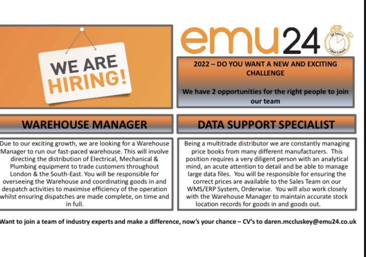 EMU24_'s tweet image. Looking for a new #opportunity - please contact Daren McCluskey 
#warehouse #warehousejobs #electrical #mechanicalelectricalandplumbing #heating #ppesupplier 
If you know anyone who may be interested please share 👍🏻
