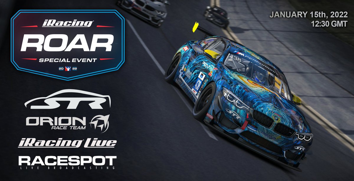 Orion Race Team (@orionraceteam) on Twitter photo Starting off 2022 right! 3 cars entered for this weekend's <a href="/iRacing/">iRacing</a> Roar with one twist. Orion team driver Cameron Martineau will be representing <a href="/stracing_team/">samanthatanracing</a> in their beautiful 'Starry Night' M4 GT4 livery 🤩 Race starts at 12:30 GMT
📺 <a href="/RaceSpotTV/">RaceSpot TV</a>
📺twitch.tv/orion_cameron Starting off 2022 right! 3 cars entered for this weekend's <a href="/iRacing/">iRacing</a> Roar with one twist. Orion team driver Cameron Martineau will be representing <a href="/stracing_team/">samanthatanracing</a> in their beautiful 'Starry Night' M4 GT4 livery 🤩 Race starts at 12:30 GMT
📺 <a href="/RaceSpotTV/">RaceSpot TV</a>
📺twitch.tv/orion_cameron