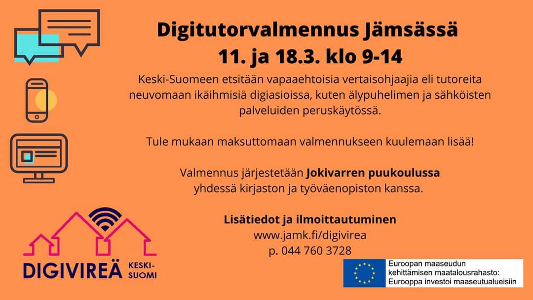 merja_makinen's tweet photo. Suosittelen tämmöistä vapaaehtoistyötä: digitaidot ovat kansalaistaito siinä missä luku- ja kirjoitustaitokin. Tule matalan kynnyksen opastukseen, jos ajatus yhtään nappaa.
#digivireäkeskisuomi #digiopastus
#digitutor #digitaidot #digivalmennus #vertaisopastus
#jämsä https://t.co/uVwf5loaFH