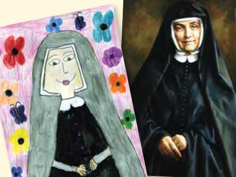 HolyChildSister's tweet photo. Today is Venerable Cornelia Connelly’s 213th birthday!! We  invite you to join us in saying Cornelia’s prayer for beatification. https://t.co/an97MXntuk 
(Student art on left, Mayfield Junior School of the Holy Child in Pasadena, CA.) https://t.co/DJM4c6x36l