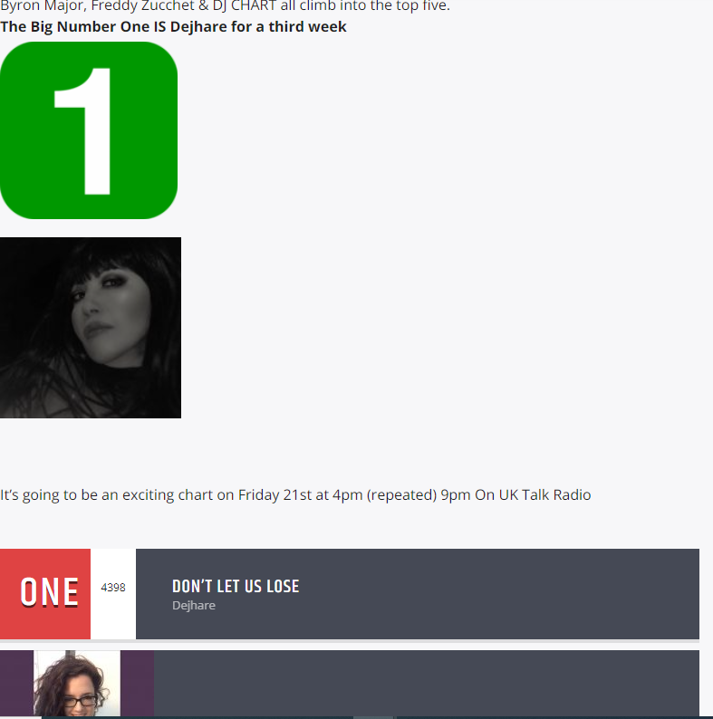 uktalkradioshow's tweet photo. Awesome! Three Weeks At Number One For Dejhare. 
Abi Mia Hold Onto Second Place

Check out this week's awesome Top  30 #Charts here;
https://t.co/nMjYVA4L0L

#NewMusicAlert 

@HannytaMusic @Matt_Westin @HCurmudgeons @dejhare @abi__mia @FreddyZucchet https://t.co/h9a0rzoo3N https://t.co/Y8OTBJTqRF