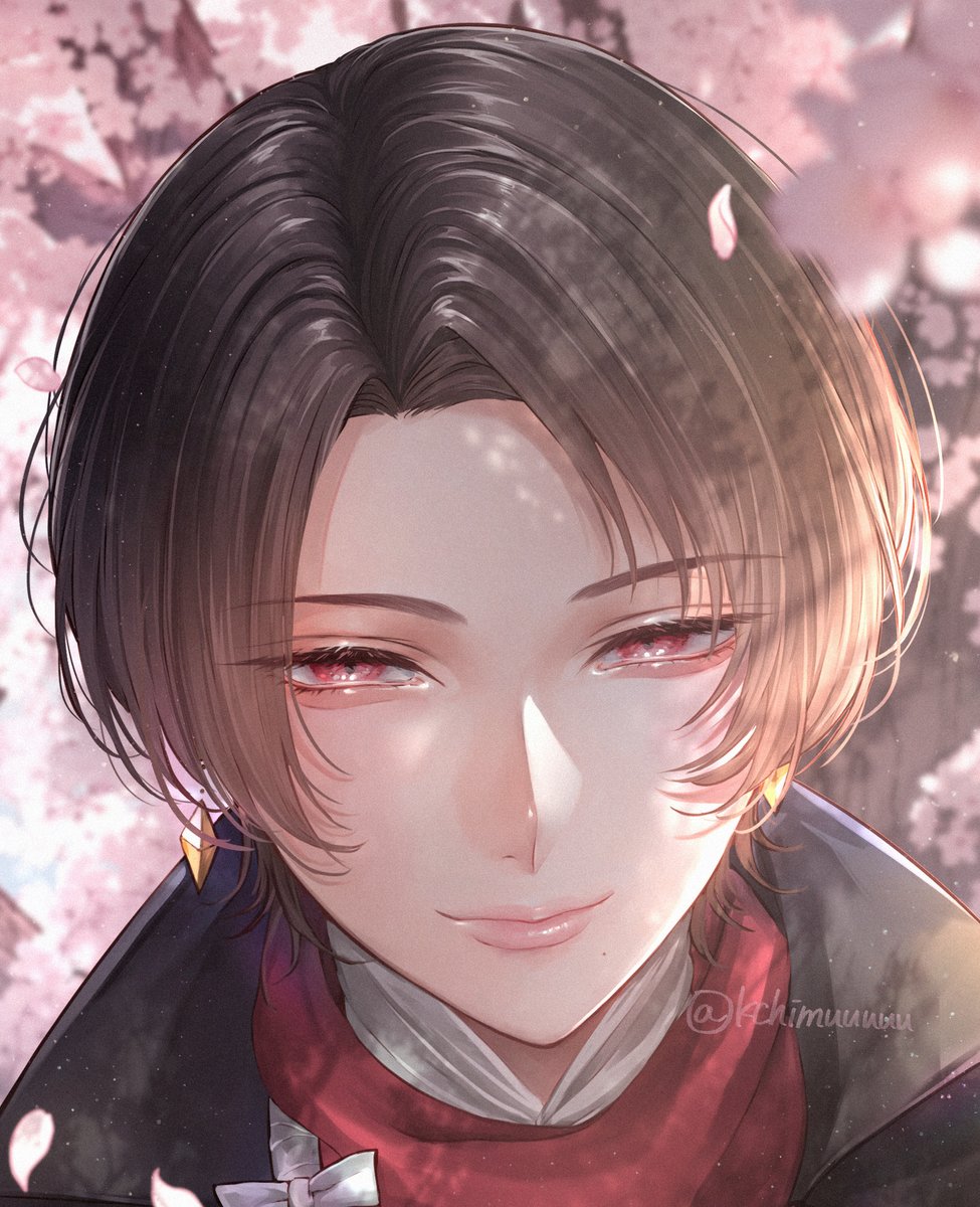 kashuu kiyomitsu mole under mouth male focus 1boy red eyes earrings brown hair jewelry  illustration images