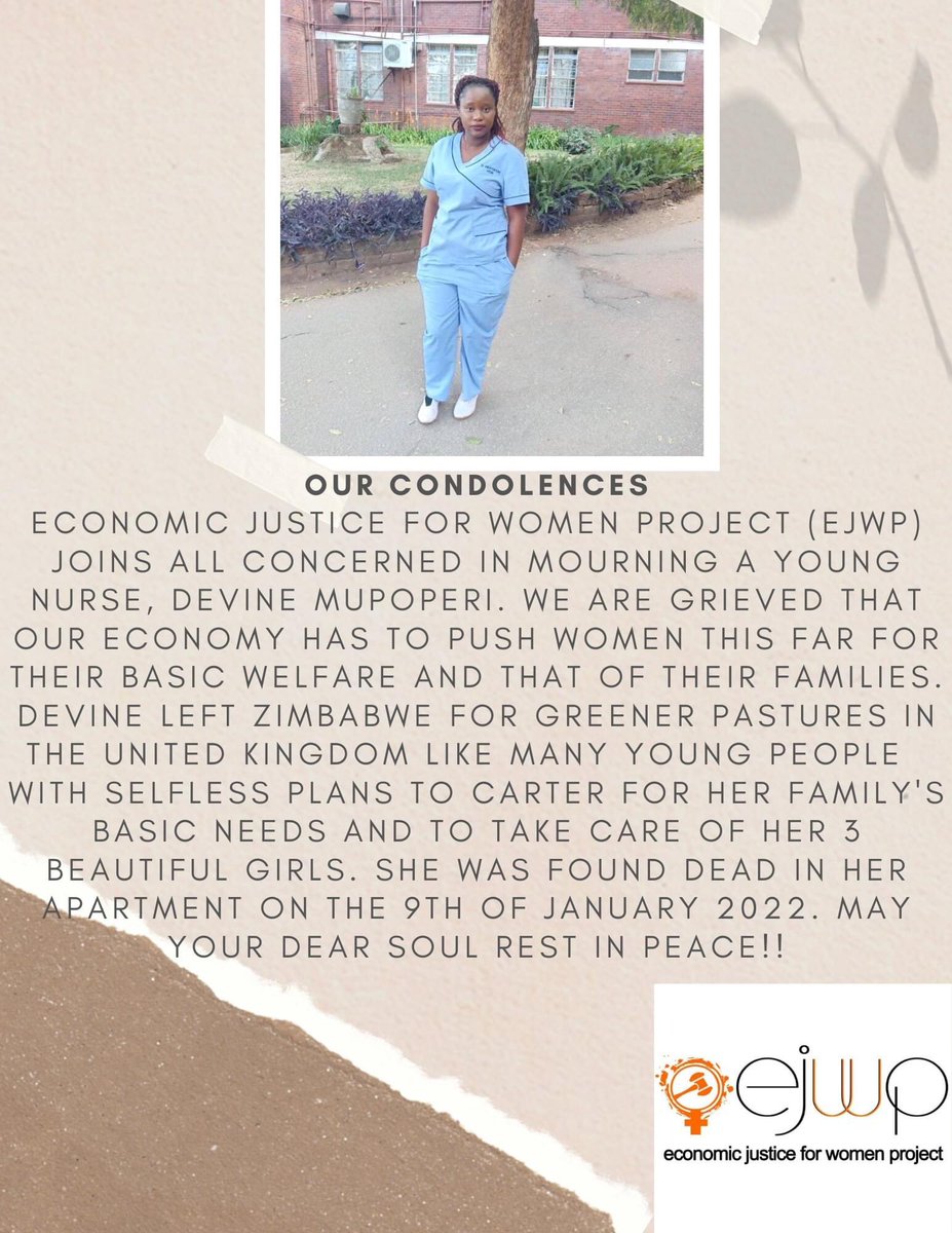 Economic Justice for Women Project(EJWP) (@ejfwzim) on Twitter photo As we mourn #devineMupoperi,we appeal to <a href="/MthuliNcube/">Prof. Mthuli Ncube</a> <a href="/ParliamentZim/">Parliament of Zimbabwe</a> <a href="/MinofWomenZim/">Ministry of Women Affairs Zimbabwe</a> @moysarzim to ensure economic policies that retain young brains & ensuring decent remuneration and social security. #ATimeToAct <a href="/WCOZIMBABWE/">Women's Coalition of Zimbabwe</a> <a href="/Act4Zw/">Act4WomenZW</a> <a href="/kubatana/">Kubatana</a> <a href="/UrgentAct/">Urgent Action Fund for Feminist Activism</a> <a href="/ActionAidZim/">ActionAid Zimbabwe</a> <a href="/Farisai81/">Karen Mukwasi</a> As we mourn #devineMupoperi,we appeal to <a href="/MthuliNcube/">Prof. Mthuli Ncube</a> <a href="/ParliamentZim/">Parliament of Zimbabwe</a> <a href="/MinofWomenZim/">Ministry of Women Affairs Zimbabwe</a> @moysarzim to ensure economic policies that retain young brains & ensuring decent remuneration and social security. #ATimeToAct <a href="/WCOZIMBABWE/">Women's Coalition of Zimbabwe</a> <a href="/Act4Zw/">Act4WomenZW</a> <a href="/kubatana/">Kubatana</a> <a href="/UrgentAct/">Urgent Action Fund for Feminist Activism</a> <a href="/ActionAidZim/">ActionAid Zimbabwe</a> <a href="/Farisai81/">Karen Mukwasi</a>