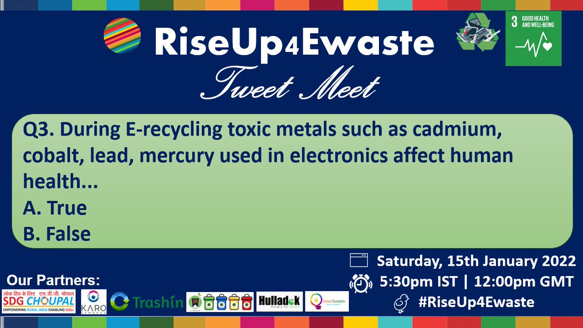 ❓Q3. During E-recycling toxic metals such as cadmium, cobalt, lead, mercury used in electronics affect human health...​

A. True​
B. False​

#RiseUp4Ewaste 
 #Students &amp; #Educators