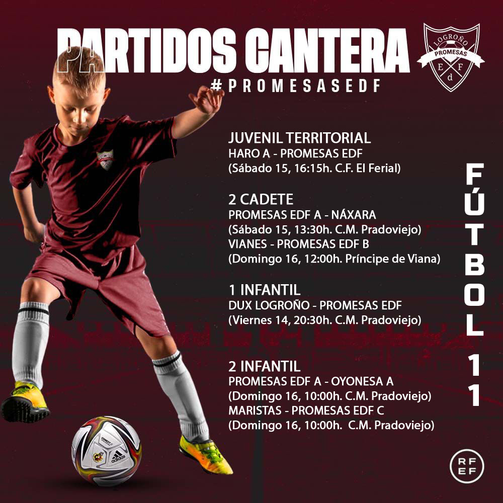 EDFL_oficial's tweet photo. ¡Os dejamos la agenda de partidos del fin de semana 15 y 16 de enero!
No os los podéis perder.
#PromesasEDF https://t.co/2ytu5NFHaS