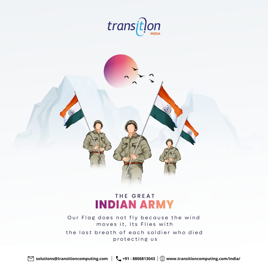 IndiaTransition's tweet photo. Wishing all Indian Army personnel & their families a happy, safe and peaceful #ArmyDay #ArmyDay2022 #transitioncomputing #transitionindia #itcompany #softwaredevelopment #bespokesolutions #IndianArmyDay2022 https://t.co/9Im6B8yHvq