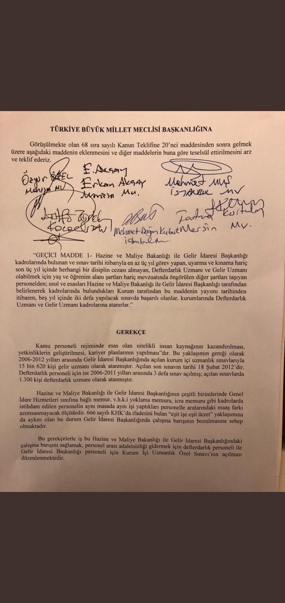 Tek bir milletvekili değil altında imzası olan tüm vekillere soralım. <a href="/eczozgurozel/">Özgür Özel</a> <a href="/erkanakcay45/">Erkan Akçay</a> <a href="/LutfuTurkkan/">Lütfü Türkkan</a> <a href="/mehmedmus/">Dr. Mehmet Muş</a> <a href="/fkurtulan33/">Fatma Kurtulan</a> <a href="/mdogankubat/">Mehmet Doğan Kubat</a>
Sayın vekiller iktisadi idari bilimler mezunları soruyor? Kurum içi alıma neden imza attınız? 
ErkanAkçay SendikaVekiliMi