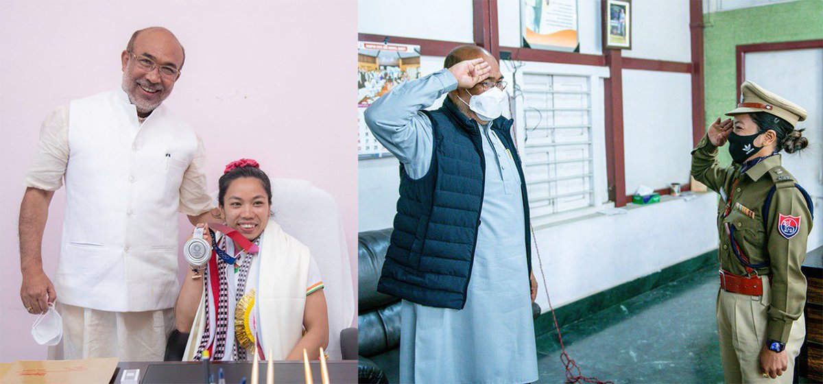 NBirenSingh's tweet photo. Our Nation’s pride, Olympian Silver medalist, @mirabai_chanu has taken charge as the Additional Superintendent of Police (Sports), Manipur Police and called on me at my office today. https://t.co/sCQDuxm6BY