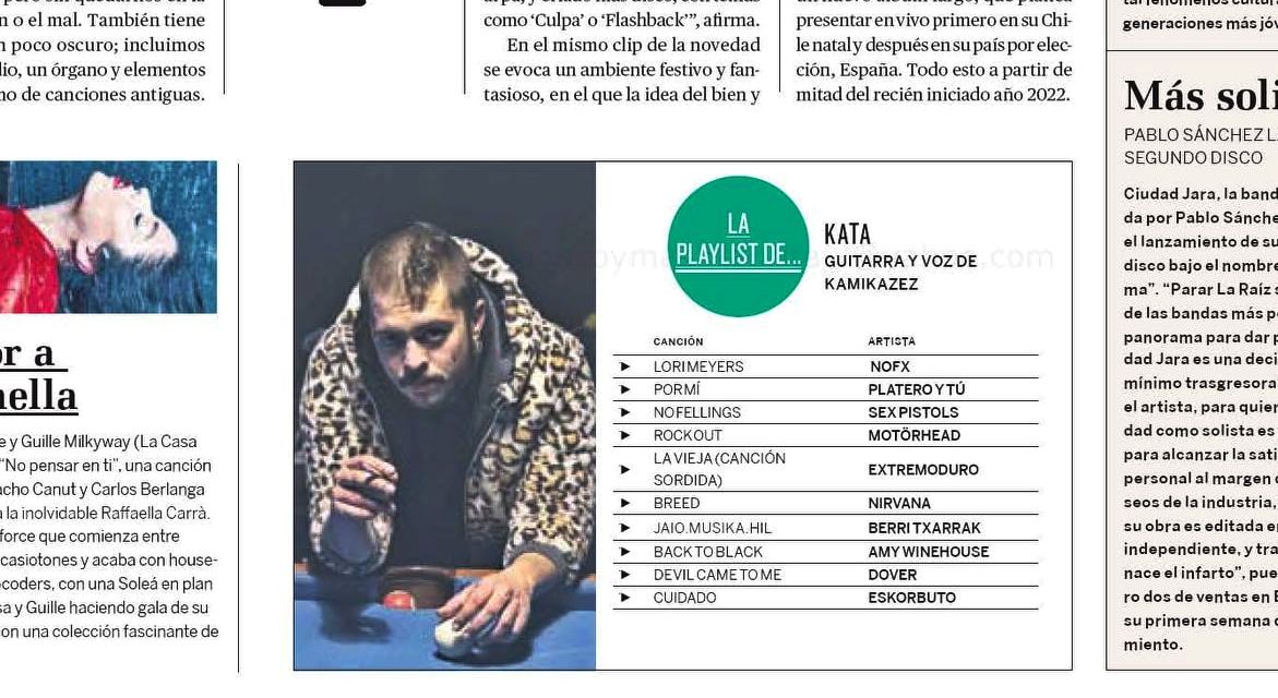 Mira a <a href="/kataminoria/">kata kamikazes</a>  (voz y guitarra) de <a href="/Kamikazes_KK/">KAMIKAZES</a>  comparte su playlist de temas que le marcaron como músico en <a href="/LaRegion/">La Región</a>  (gracias a <a href="/LauraLunardelli/">Laura Lunardelli</a> ) 
MNG y contratación: <a href="/bolanueve_music/">Bola Nueve</a> 
Promoción/Prensa: <a href="/LACENTRALDC/">La Central De Comunicación (Oficial)*****</a>