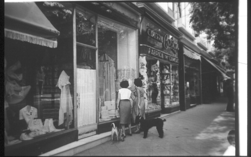 Paseo veraniego por Conde Peñalver, donde aún continúa en servicio esa camisería del barrio de Salamanca (septiembre de 1954, foto de Martín Santos Yubero en @PatrimonioCM)