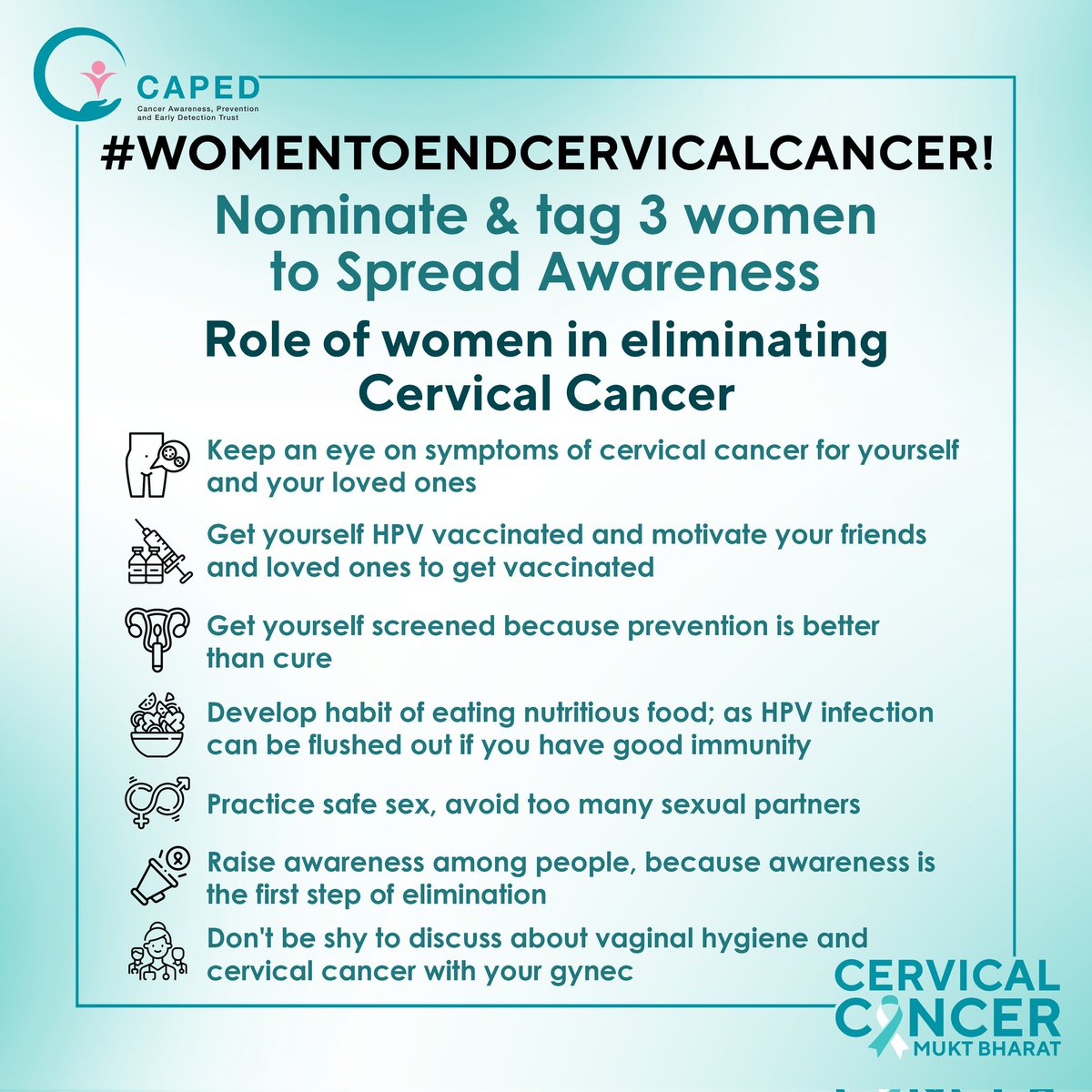 CAPED India (@caped_india) on Twitter photo Women have an important role to play for Cervical Cancer elimination.
We invite #WomenToEndCervicalCancer.
Nominating <a href="/bharat_radhika/">Radhika Bharat Ram</a> <a href="/MriduGupta1/">Mridu Gupta</a> <a href="/NiharikaDash14/">NIHARIKA DASH SARANGI</a> <a href="/DrNonoSimelela/">Dr Nono Simelela</a> to spread the information about what women can do for a #CervicalCancerMuktBharat. Women have an important role to play for Cervical Cancer elimination.
We invite #WomenToEndCervicalCancer.
Nominating <a href="/bharat_radhika/">Radhika Bharat Ram</a> <a href="/MriduGupta1/">Mridu Gupta</a> <a href="/NiharikaDash14/">NIHARIKA DASH SARANGI</a> <a href="/DrNonoSimelela/">Dr Nono Simelela</a> to spread the information about what women can do for a #CervicalCancerMuktBharat.