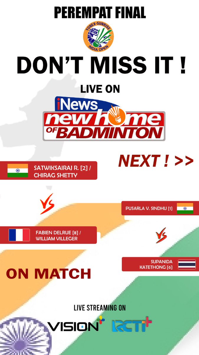 SeputariNews's tweet photo. Jangan Lewatkan !
India Open

#inews #inewstv #sports #indiaopen #badminton #channel #inewsnewhomeofbadminton #mansingles #ms #md #mendouble #daddies #thedaddies #ahsan #hendra #ahsanhendra #tommysugiharto #tommybadminton #tunggalputra #badmintonplayer https://t.co/ZgkrFrQCBe