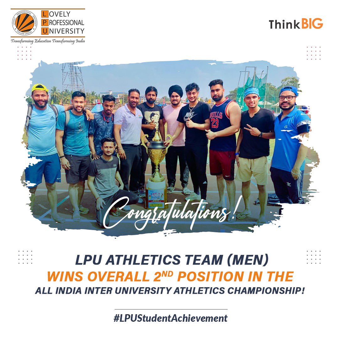 LPU Athletics team (Men) has won overall 2nd position in the All India Inter-University Athletics Championship.

#SportsAtLPU #Athletics #SportsInfrastructure #Winners #BestUniversity #TopUniversity #ThursdayMotivation #LPUStudentAchievements #AchieveBIG #ThinkBIG