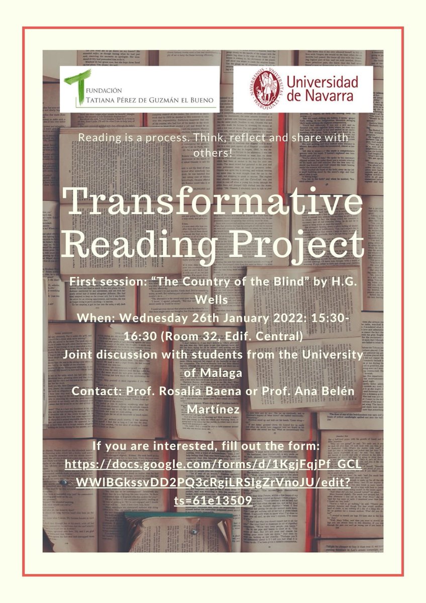 AnaBMartinezG's tweet photo. We are glad to share with you the announcement for our #TransformativeReading Project hosted by @rbaenamolina @rosarioariasUMA @unav @fund_tatiana Love reading? Want to know more? Please fill out the form: https://t.co/BNKU7coFqa See you soon, literature lovers @fylunav @issaunav https://t.co/v1npu6I6rQ