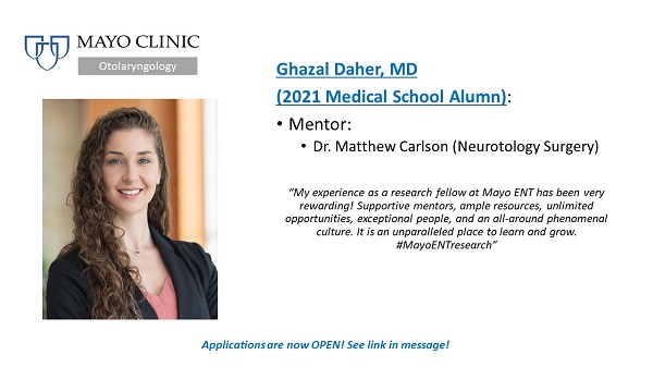 There are TWO paid #MayoENTresearch opportunities within our Undergraduate Research Internship AND our Medical Student Research Fellowship.
 See below for application details and to hear from Alumni. 
➡️ bit.ly/uripENT 
➡️ bit.ly/MedicalStudENT
<a href="/AAOHNS/">AmAcadOtolaryngology</a> <a href="/anjalibhagramd/">Anjali Bhagra, MD MBA</a>