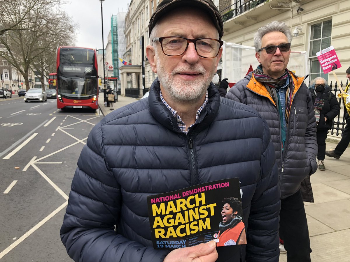 AntiRacismDay's tweet photo. Here’s @jeremycorbyn at today’s @AmnestyUKEurope #StopRefugeesFreezing protest at the Polish Embassy #London supporting the ‘March against racism’ being organised by @AntiRacismDay @The_TUC #RefugeesWelcome https://t.co/8kvSGEiy7M