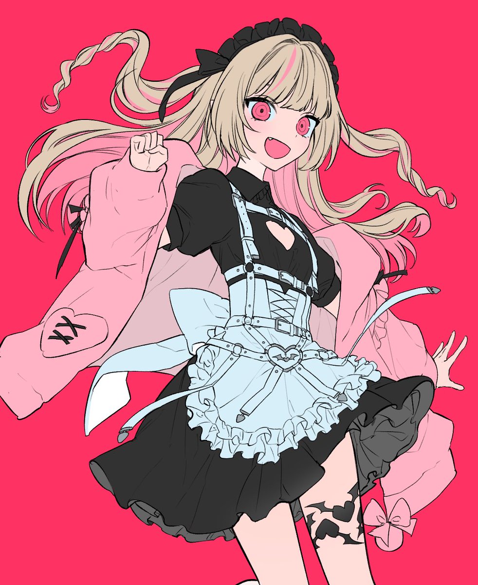 makaino ririmu 1girl solo apron clothing cutout pink jacket long hair pink hair  illustration images