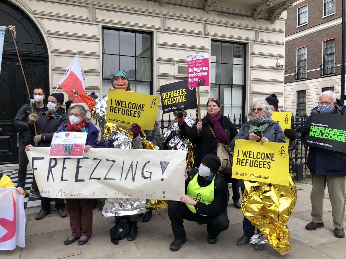 AntiRacismDay's tweet photo. Important protest by @AmnestyUKEurope today reminding us that #RefugeesNeedHelp on the Polish - Belarus border #StopRefugeesFreezing #RefugeesWelcome https://t.co/Tul803mk08