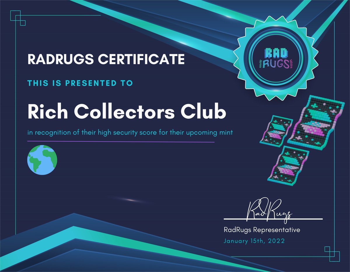 radrugs_io's tweet photo. Radrugs Certificate is awarded to 
@RCollectorsClub.

Congrats!👏

To help your research about this project, you can visit the security leaderboard: https://t.co/YvMqdYhIW5

Stay safe, stay rad! #RadGang https://t.co/ofKKQhAHCV