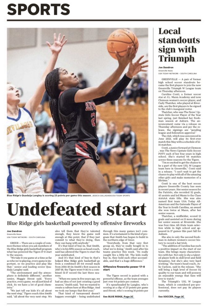 JoeMDandron's tweet photo. Local sports front in today’s @GreenvilleNews Saturday edition. @APSE_sportmedia

@BlueRidgeWBB with a heckuva start. They’re 17-0: https://t.co/rOBdCJdgbD

Former @AthleticsJl, @warriorRsports soccer stars sign with @GVLTriumph W League team: https://t.co/ysxes4hIrA https://t.co/n3JT1q9mVD