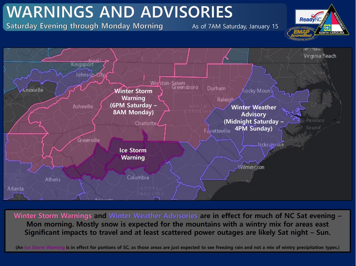 NCEmergency's tweet image. 1/15/22 morning #ncwx update:
• Since yesterday’s update, the forecast has seen an overall slight decrease in expected snowfall totals, but an increase in expected ice accumulations. Winter Storm Warnings and Winter Weather Advisories have been issued for much of NC.